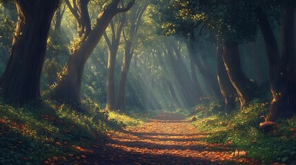 Sunlit Path Through An Autumnal Forest