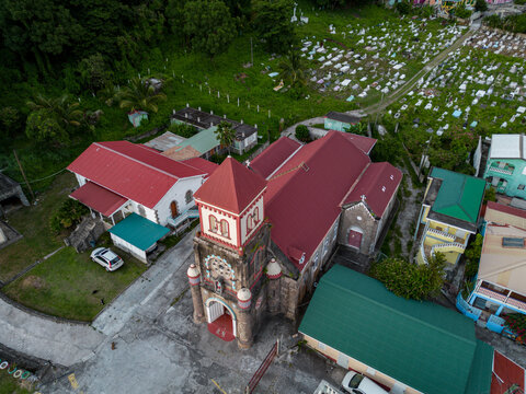 Drone Shot of The Soufriere Catholic Church and Surroundings 