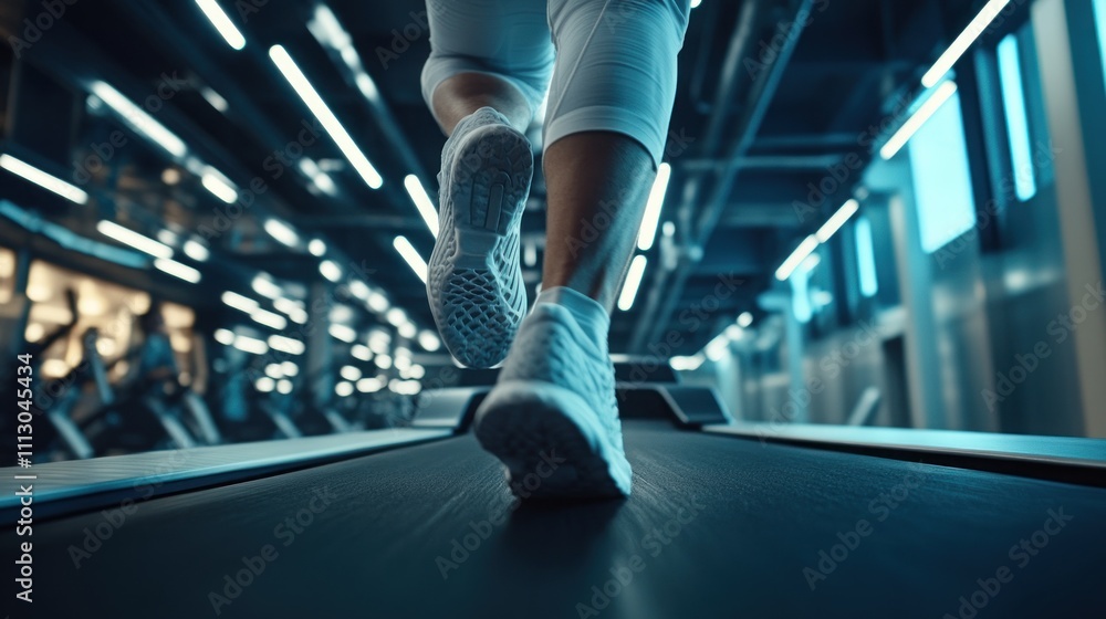 Poster a close-up of feet running on a treadmill in a modern gym setting.