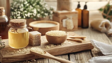 Spa essentials with natural oils and wooden accents