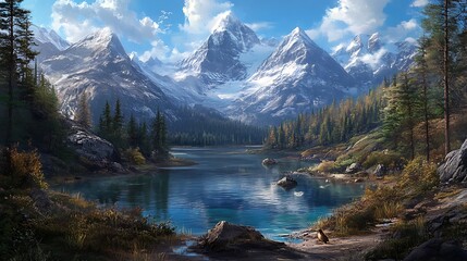 Naklejka premium Serene Mountain Lake Scene With A Solitary Bird