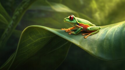 Naklejka premium A vibrant tree frog perched on a lush green leaf in a serene natural setting.