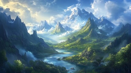 Majestic Mountains River Valley Fantasy Landscape