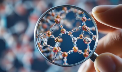 A hand holds a magnifying glass over a diagram of an enzyme catalyzing a chemical reaction highlighting the intricate structures and mechanisms at work.