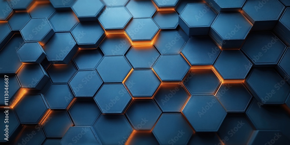 Poster abstract illustration hexagon shapes. dark blue hexagons stacked in repeating pattern. orange lines 