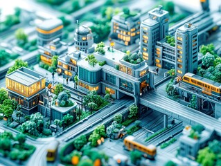 Obraz premium A cityscape illustration showcasing modern architecture, sustainable design, and public transportation The image features buildings with green rooftops and flat roofs, elevated train tracks, a movin