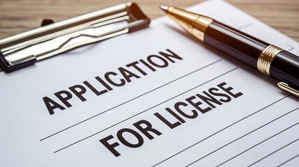 Close-up of an application form for a license with a pen, symbolizing official procedures and documentation.