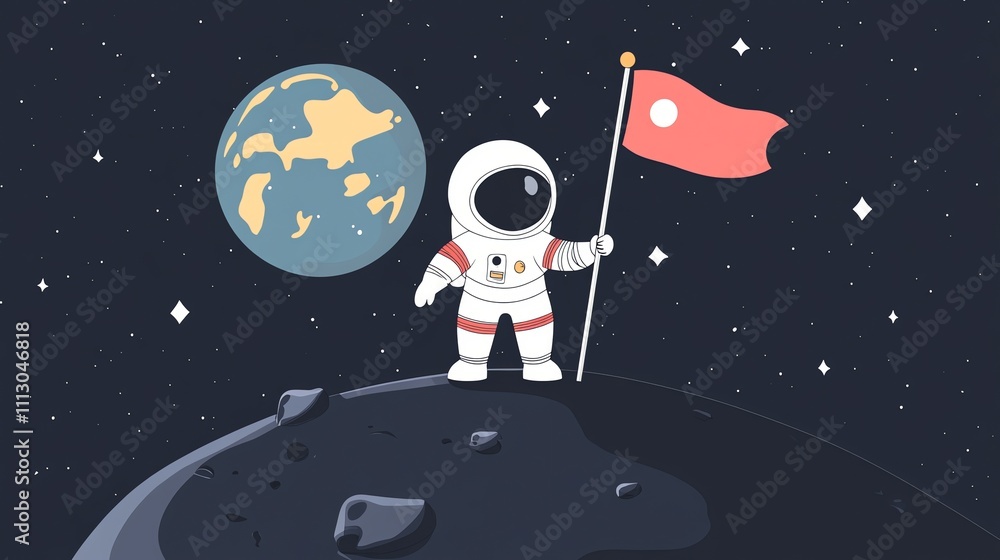 Poster astronaut in space suit standing on an asteroid with a flag and earth in the background.