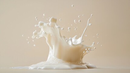 Milk splash captured mid-air against a neutral beige background