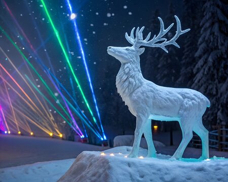 Ice figure of a deer against the background of colored laser lights
