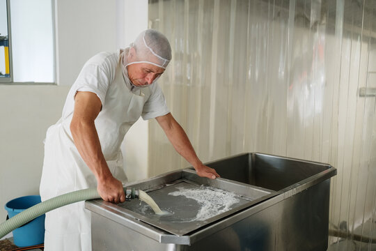 Cheesemaker pouring milk into a stainless steel tank