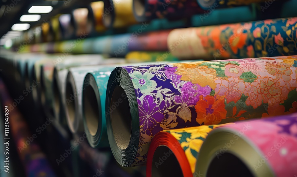 Aufkleber a colorful photograph of a textile factory showcasing rolls of fabric with intricate floral patterns