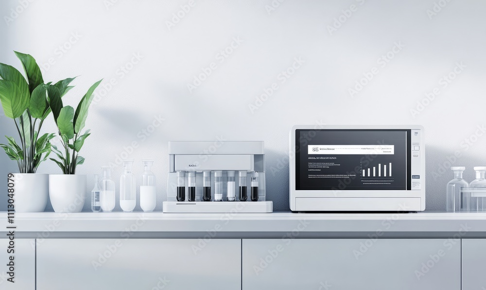 Poster a white science laboratory background with a newsletter featuring recent discoveries and scientific 