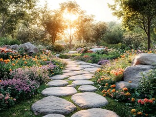 Fototapeta premium A serene garden scene, featuring a stone path leading to blooming trees and various colorful plants The background suggests depth with a blurred effect