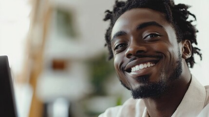 Obraz premium Happy Black Man Smiling at Camera with Laptop