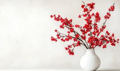 A white vase holding a beautiful arrangement of red cherry blossoms against a plain background.