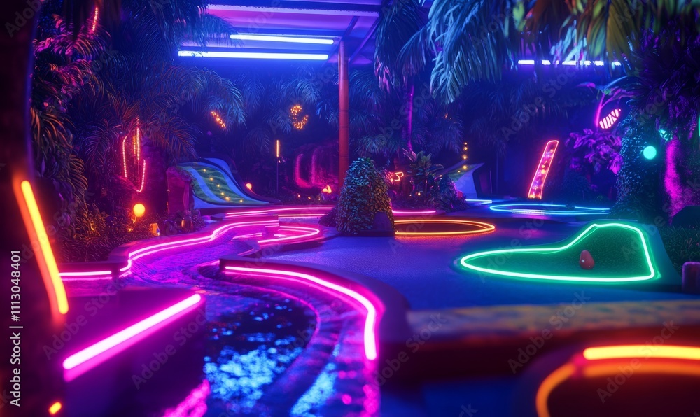 Poster a mini golf course is set up with neon lights illuminating the course and adding to the fun atmosphe