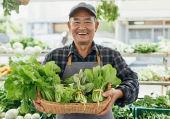 Senior greengrocer smiling and holding a basket of fresh vegetables at the farmers market