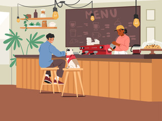 Man with pug dog visiting pet-friendly coffeehouse ecology space for rest and refreshment scene