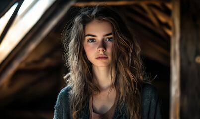 Fototapeta premium A young woman with wavy hair and a serious expression stands in a dimly lit, rustic wooden interior, with light streaming in from windows, creating a dramatic and poignant atmosphere.