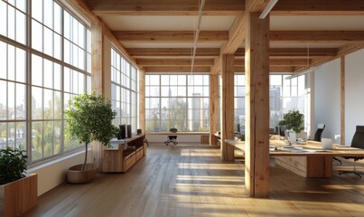 A modern office space featuring wooden elements, large windows, greenery, and a minimalistic design aesthetic.