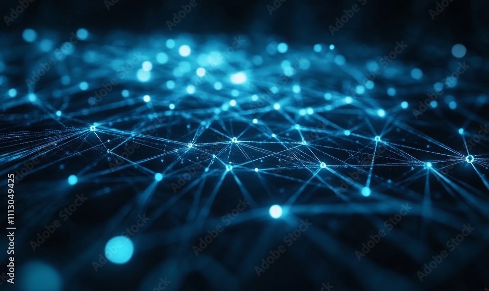 Poster a glowing blue network of interconnected nodes, representing a digital communication system and adva