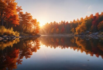 A picturesque sunrise over a calm lake with reflections of colorful autumn foliage, nature, sunrise, vintage