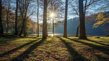 Autumn Sunlight Through Trees Illuminates Lake And Grass