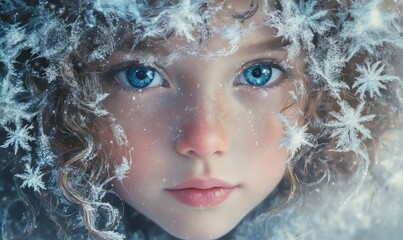 A close-up image of a young girl with curly, expressive hair, adorned with delicate snowflakes and tiny icicles, giving a wintery, frosty effect.