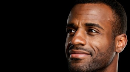 Strong, healthy man with black hair stares ahead confidently, showcasing defined features and a determined expression.