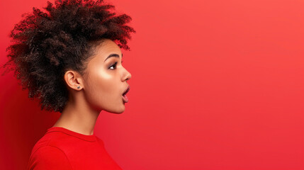 A closeup side view of a woman engaged in conversation, her mouth open midsentence, showcasing her expression.
