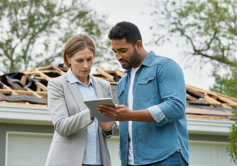 Insurance agent and builder using tablet to assess damage on house with destroyed roof