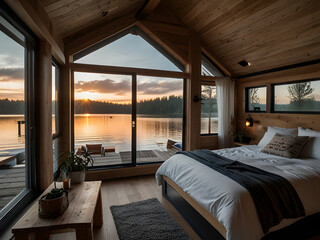 Cozy Bedroom in Tiny House on Wheels with Lake View, Wood Accents, and Open Ceiling Design