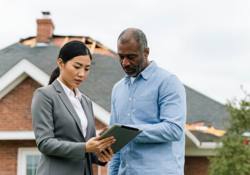 Insurance agent showing estimate on tablet to homeowner in front of damaged house