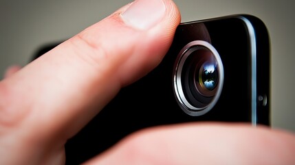 Close-up of a male hand adjusting the camera lens on a smartphone, showcasing the technology and precision.