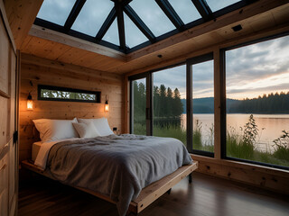 Cozy Bedroom in Tiny House on Wheels with Lake View, Wood Accents, and Open Ceiling Design
