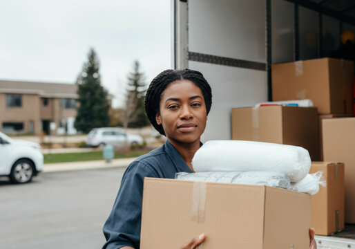 Professional mover carrying cardboard boxes and household items from a truck, providing efficient relocation services
