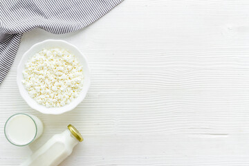 Protein food set with farm dairy products, top view. Milk and cottage cheese with sour cream