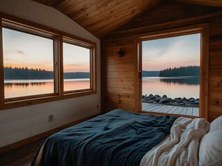 Cozy Bedroom in Tiny House on Wheels with Lake View, Wood Accents, and Open Ceiling Design