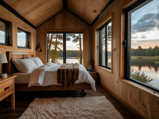 Cozy Bedroom in Tiny House on Wheels with Lake View, Wood Accents, and Open Ceiling Design