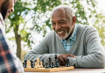Two friends are playing chess in a park, enjoying their leisure time on a sunny day