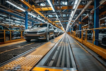 Streamlined car assembly line in a busy plant for efficient automotive production