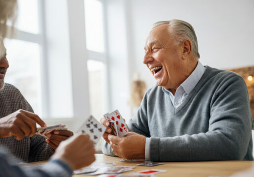 Elderly friends enjoying a card game together, laughing and having a good time
