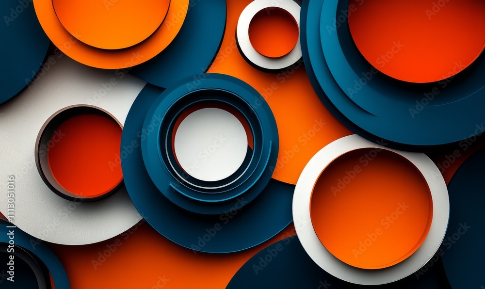 Poster a vibrant and geometric composition featuring overlapping circular shapes in bold colors of orange, 
