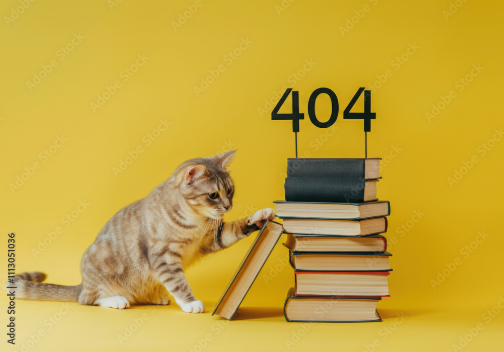 Poster gray tabby cat pushing a book from a stack of books with a 404 sign on top, against a yellow backgro
