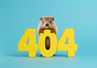 Groundhog holding a yellow 404 error sign on a blue background