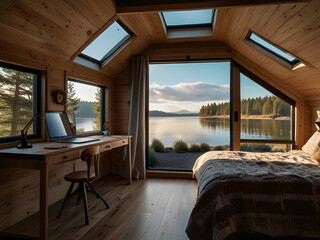 Cozy Bedroom in Tiny House on Wheels with Lake View, Wood Accents, and Open Ceiling Design