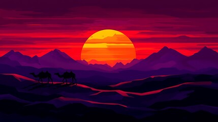 Silhouetted camels walking along desert ridges under a dramatic sunset, the vibrant sky painted with layers of red, orange, and violet.