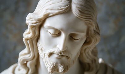 Obraz premium A close-up of a marble statue of Jesus Christ, showing a serene and contemplative expression.