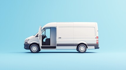White delivery van parked on a light blue background with an open sliding door showcasing interior space.